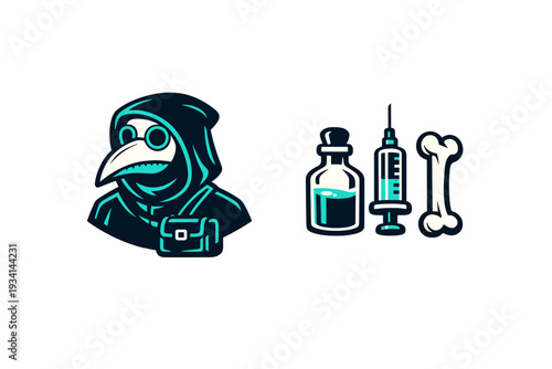 A vector illustration featuring a plague doctor character wearing a beak mask and hood alongside medical icons including a vial, a syringe, and a bone on a black background.