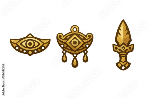 Three golden fantasy icons featuring an eye-shaped mask, a decorative pendant with teardrop charms, and a stylized dagger, all set against a solid black background.
