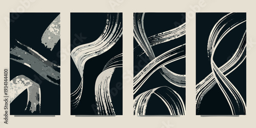 Abstract black and silver brushstroke patterns arranged in a grid format