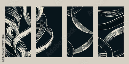 Abstract composition of swirling brushstroke like shapes in monochromatic tones