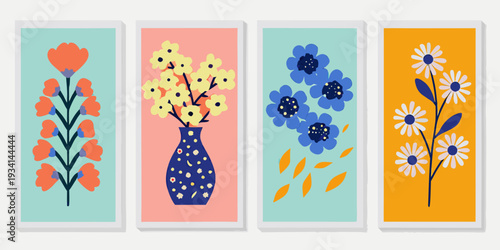 Four colorful botanical wall art prints featuring stylized flower arrangements