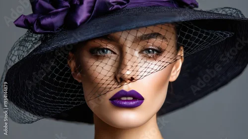 Obraz Elegant Woman in a Statement Hat with Dramatic Makeup and Bright Purple Lips, Glancing Portrait Against a Soft Gray Background, Fashion and Beauty Photography