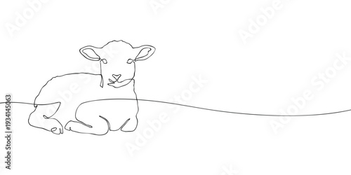Minimal line illustration of a lamb resting on the ground, symbolizing innocence, sacrifice, faith, and Christian spiritual meaning.