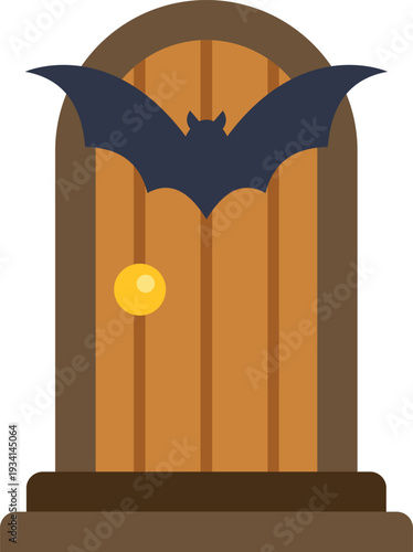 Wooden door with an arch shape featuring a bat and doorknob, representing halloween