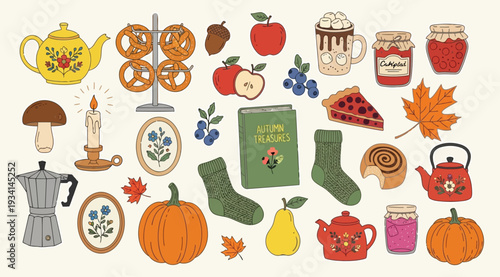 A colorful assortment of thanksgiving and fall themed items including food, drink, and decorations on a beige background