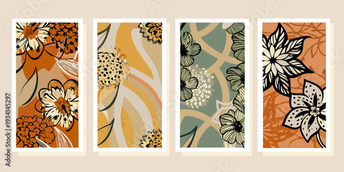 A series of five botanical prints with warm earthy color palettes