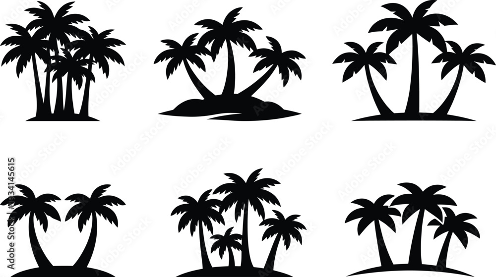 Fototapeta premium Black silhouettes of palm trees on white background tropical