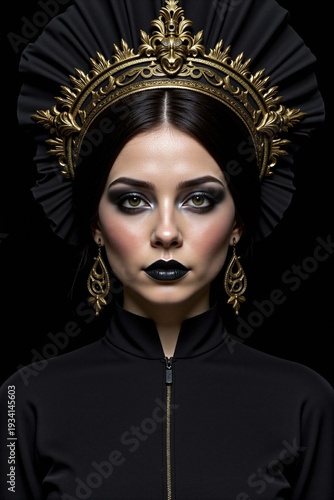 Portrait of a woman wearing an ornate baroque golden crown with black fabric backdrop, dramatic smoky makeup, black lipstick, and golden earrings against black background.