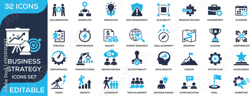 Business strategy solid icon set featuring planning, leadership, growth, roadmap, risk management, performance, and innovation. Flat vector icons for corporate strategy projects.