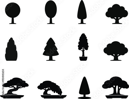 Black silhouettes of various trees and bonsai trees on white background tree silhouettes