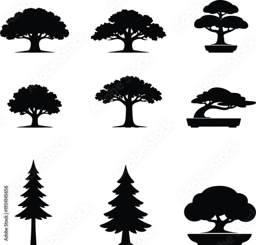 Black silhouettes of various trees on white background tree silhouettes black trees 1