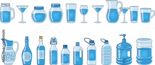 Set of water container and glassware vector illustrations featuring pitchers bottles glasses mason jars and bulk water dispensers for hydration and kitchen