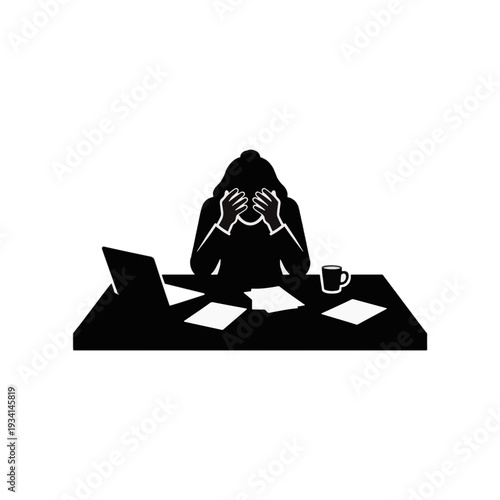 Businesswoman suffering from stress and burnout at office desk. Silhouette vector illustration