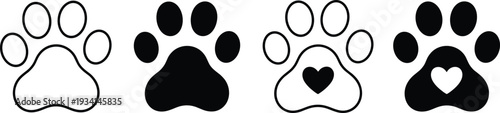 Set of four dog paw print icons in black and white with heart detail Keywords: paw print, dog, cat, animal, pet, icon, symbol