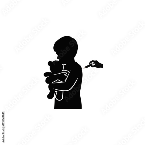 Child receiving vaccination shot while holding teddy bear. Pediatric healthcare vector silhouette