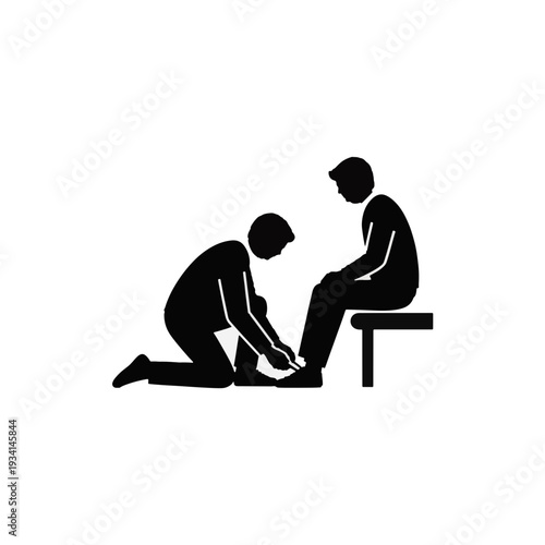 Caregiver tying shoelaces for a seated person. Assistance and support concept. Vector silhouette
