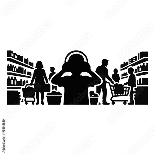 Child with noise cancelling headphones in supermarket. Sensory overload and autism concept silhouette