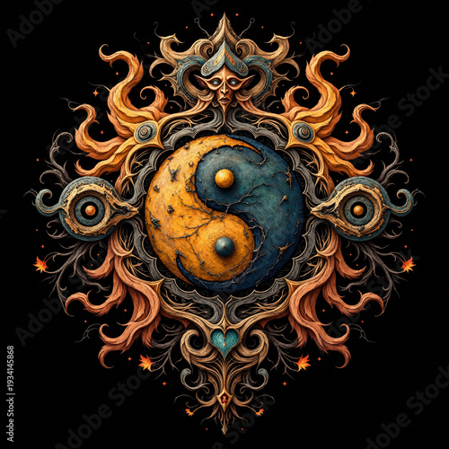 An intricate fantasy artwork featuring a textured golden and blue Yin Yang symbol