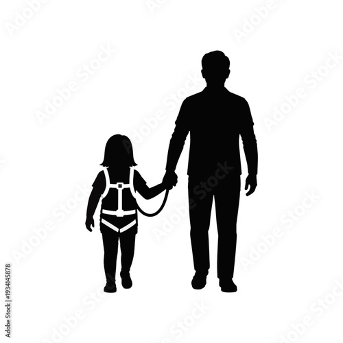 Child walking with safety harness and parent. Special needs and autism safety silhouette icon. Vector illustration