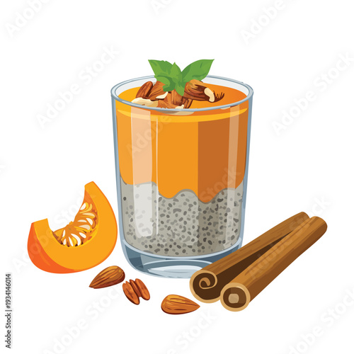Healthy pumpkin chia seed parfait dessert with almonds cinnamon