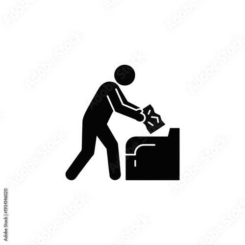 Office printer paper jam vector icon. Frustrated worker pulling crumpled paper. Solid pictogram symbol