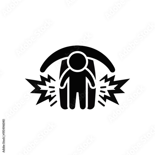 Parent shielding child from sensory overload icon. Protection from noise and flashing lights vector symbol.