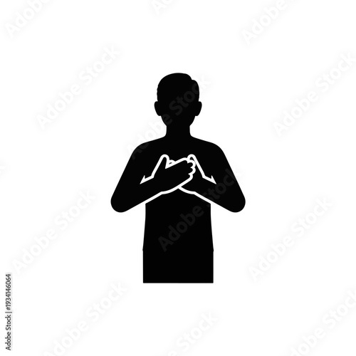 Person taking deep breath icon. Hands on chest breathing exercise. Vector silhouette