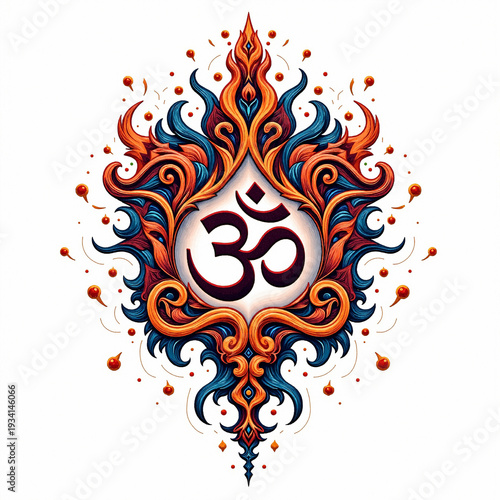 A sacred Om symbol in dark red is centered on a white background. It is framed by a symmetrical, flame-like ornament in vibrant orange and blue, accented by scattered droplets.