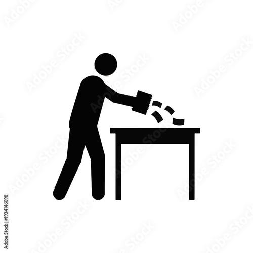Person throwing unpaid bills on table icon. Financial stress and debt concept. Vector silhouette