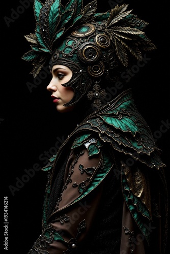 Portrait of a woman in profile wearing an elaborate emerald green and gold headdress 