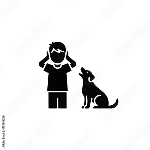 Young boy covering his ears while a dog barks. Silhouette vector icon of noise sensitivity and sensory reaction. Minimalist flat design isolated on transparent background