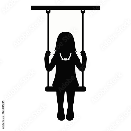 Young girl wearing a chewable sensory necklace on a swing. Silhouette vector illustration of inclusive play and sensory support. Minimalist flat design isolated on transparent background