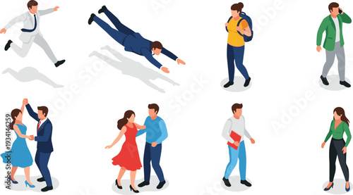 Isometric People Vector Set featuring Businessmen Jumping and Flying Students Walking with Backpacks and Couples Dancing for Modern Lifestyle Design