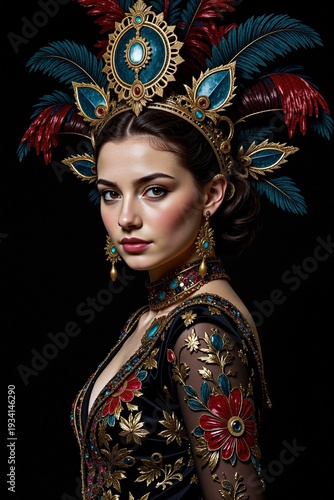 Portrait of a woman wearing an elaborate golden headdress 