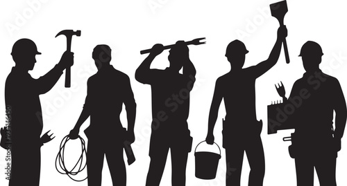 Black silhouettes of five construction workers with tools