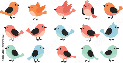 Cute colorful bird vector collection with cartoon small birds in various poses and expressions