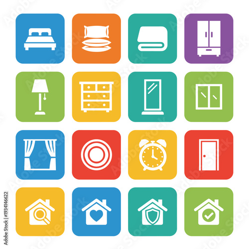 Collection of flat design icons representing home furnishings and decor elements