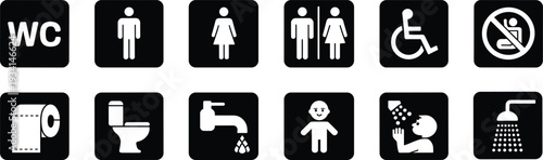 Public Restroom and Facility Signage Icons in Black and White Silhouette toilet women