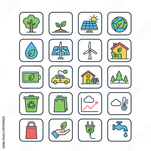Collection of eco-friendly icons representing sustainability and renewable energy sources