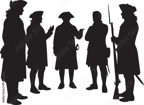 Group of colonial men silhouettes vector illustration historical figures line art