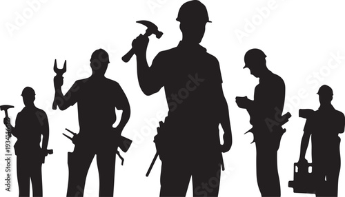 Black silhouettes of five construction workers with tools on