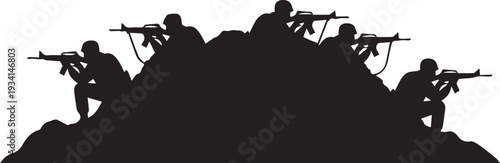 Military soldiers firing automatic rifles from bunker silhouette vector illustration design element
