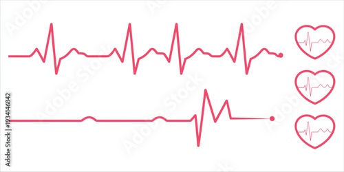 Pink electrocardiogram heart rate line and heart symbols on white background Keywords: electrocardiogram, ecg, ekg, heart rate