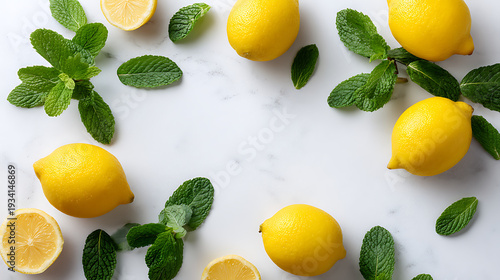 Fresh whole and sliced lemons with green leaves arranged on a white background. Vibrant citrus fruit concept, top view, copy space.
