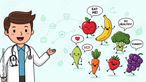 Doctor Recommending Healthy Eating and Nutrition. Cartoon of Happy Fruits and Vegetables for Wellness and Diet Advice.