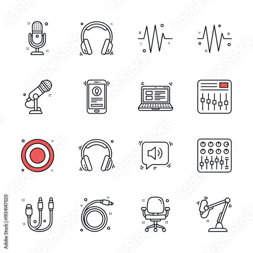 Collection of podcasting and audio recording equipment icons in a grid layout