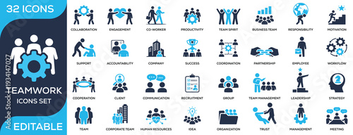 Teamwork solid icon set featuring collaboration, leadership, communication, productivity, partnership, and management. Flat vector icons for business and corporate projects.