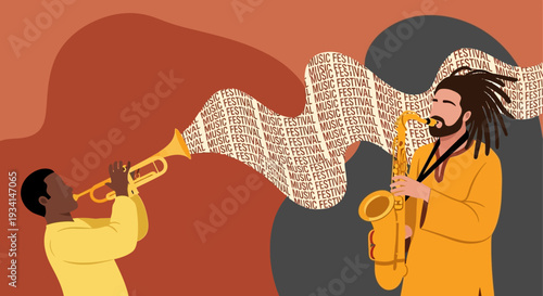 Vibrant Music Festival Illustration: Jazz Musicians Playing Trumpet and Saxophone