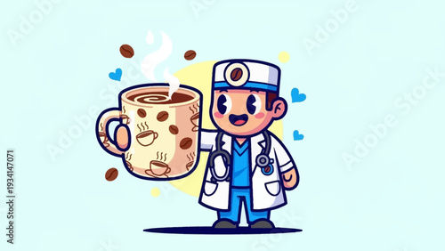 Cute Cartoon Doctor Holding Giant Steaming Coffee Mug - Healthcare Worker Taking an Energy Break or Caffeine Boost Illustration Vector