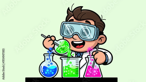Happy Cartoon Kid Scientist Mixing Colorful Chemicals in Laboratory Flasks. Educational Chemistry Experiment Illustration for STEM Learning.